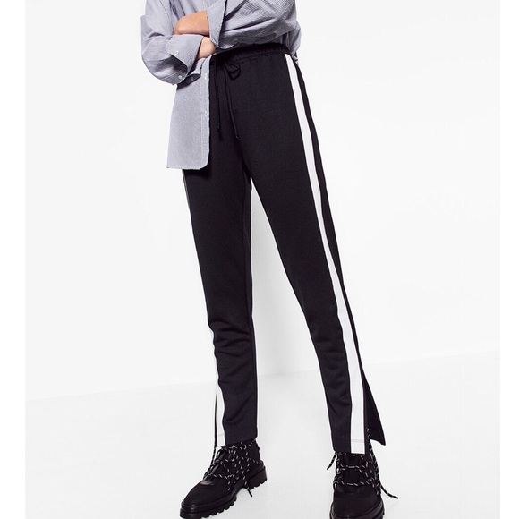 zara black pants with white stripe